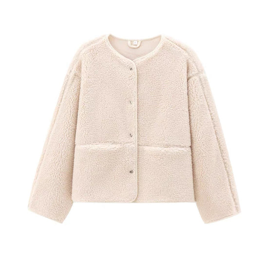 Damen-Teddyfleece-Kurzjacke, Rundhalsausschnitt