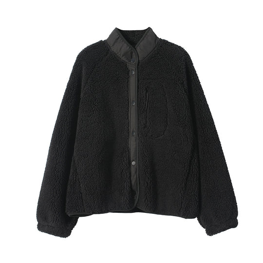 Gefütterte Fleecejacke mit Lammfell-Optik und Stehkragen