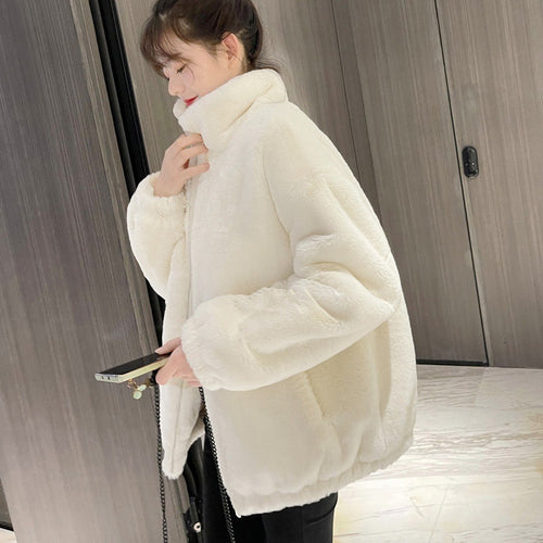 Lammfleece-Jacke mit Stehkragen und Kunstfell