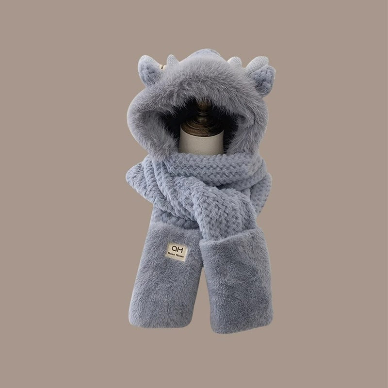Damen Winter-Set: Plüsch-Kapuzenmütze mit Schal und Handschuhen