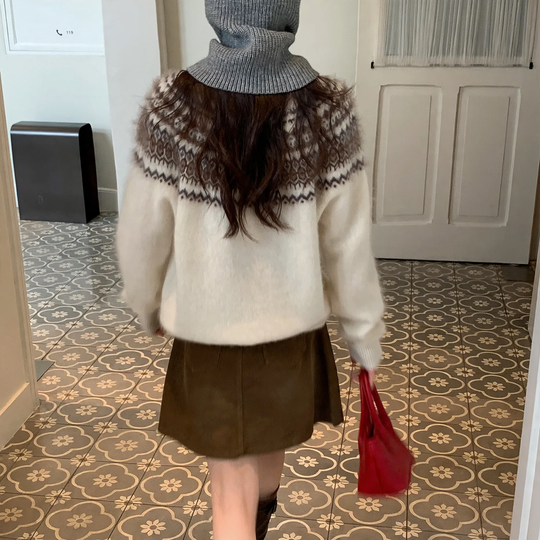 Damen-Wollpullover mit Reißverschluss und Jacquard-Muster