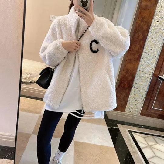Damen-Baseballjacke aus Lammfleece-Imitat