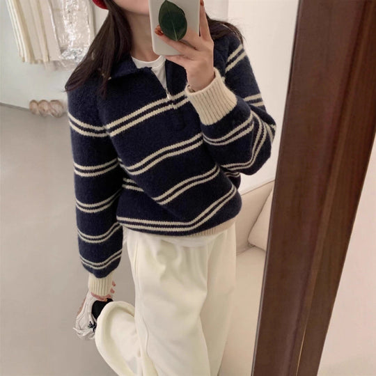Damen-Strickpullover mit Reißverschluss und Streifenmuster