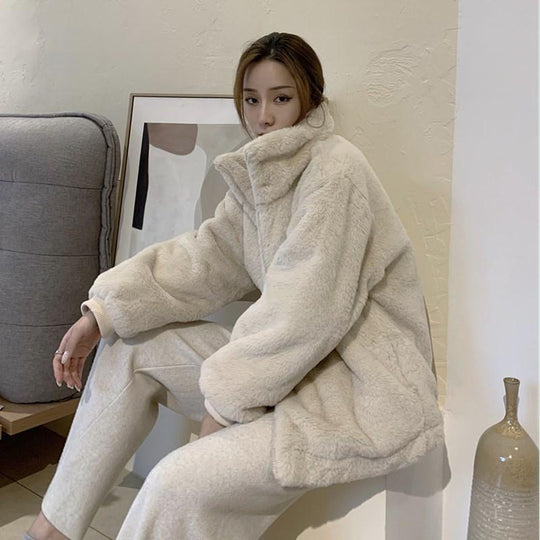 Damen-Plüschjacke mit Stehkragen, gefüttert