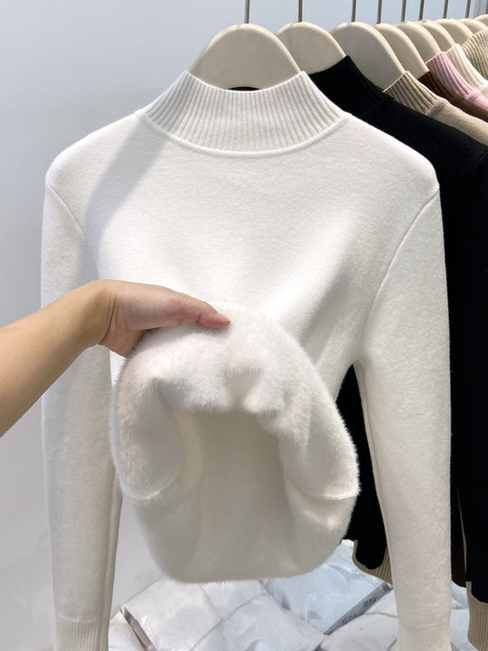 Gefütterter Damen-Strickpullover mit hohem Kragen