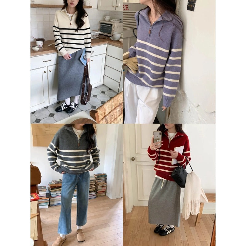 Damen-Strickpullover mit Reißverschluss und Streifenmuster
