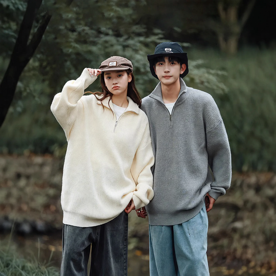 Herren-Strickpullover mit halbem Reißverschluss, unifarben