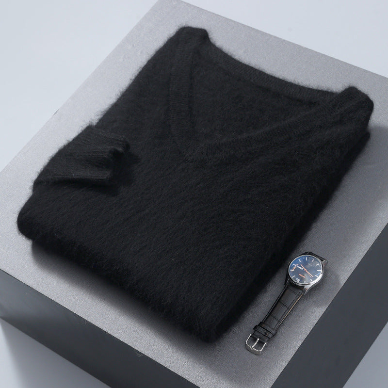 Herren-Wollpullover, V-Ausschnitt, locker, unifarben
