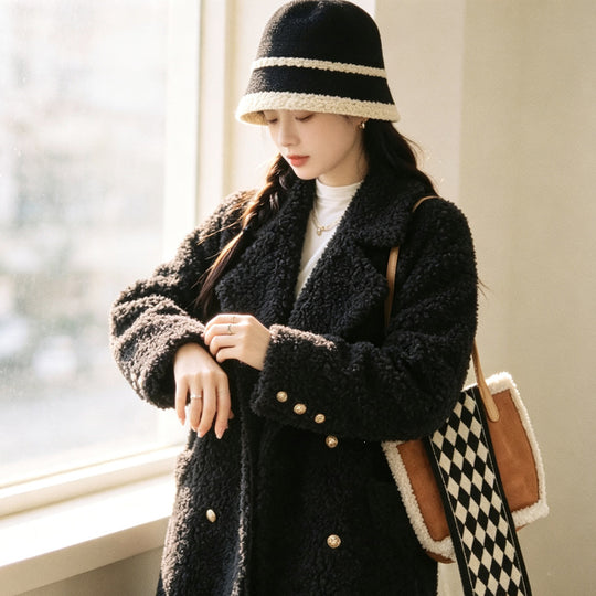 Damen-Mantel, Lammfellimitat, lang, schwarz