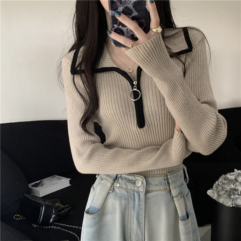Damen-Strickpullover mit Reißverschluss und Kragen