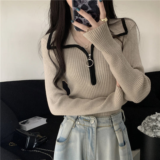Damen-Strickpullover mit Reißverschluss und Kragen