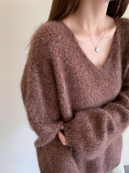 Damen V-Ausschnitt Pullover, Wolle-Kaschmir, gebürstet
