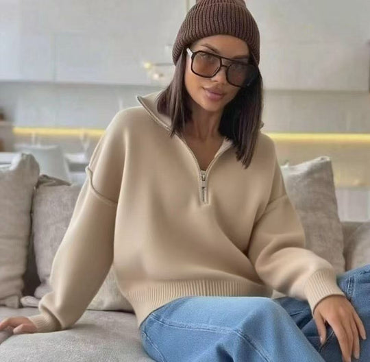 Damen-Strickpullover mit Stehkragen und Reißverschluss
