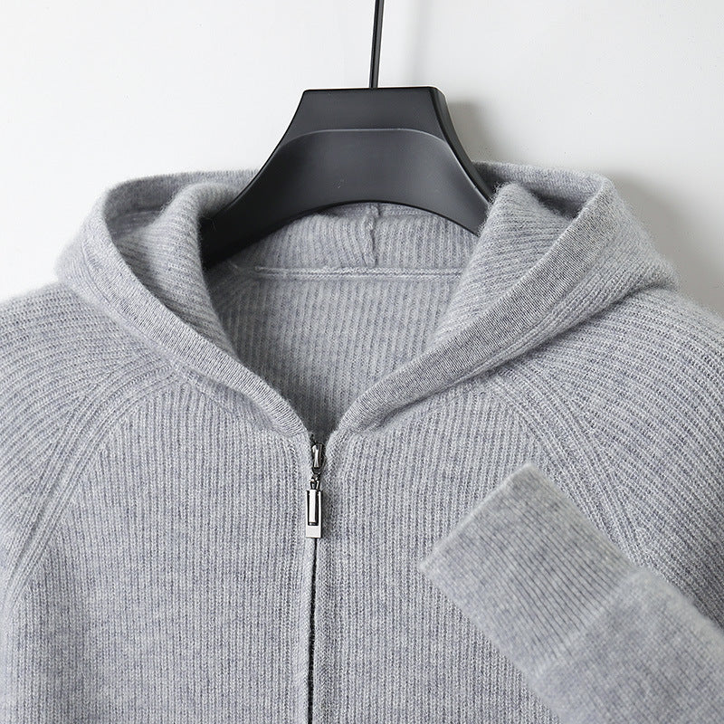 Herren-Strickjacke mit Kapuze, 100% Wolle