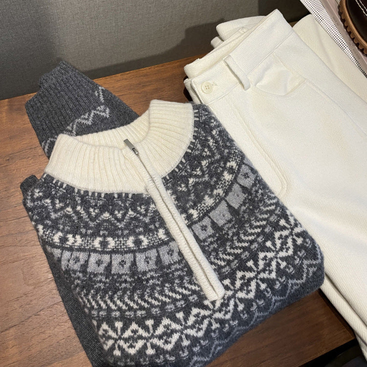 Damen-Strickpullover mit Reißverschluss und Jacquard-Muster