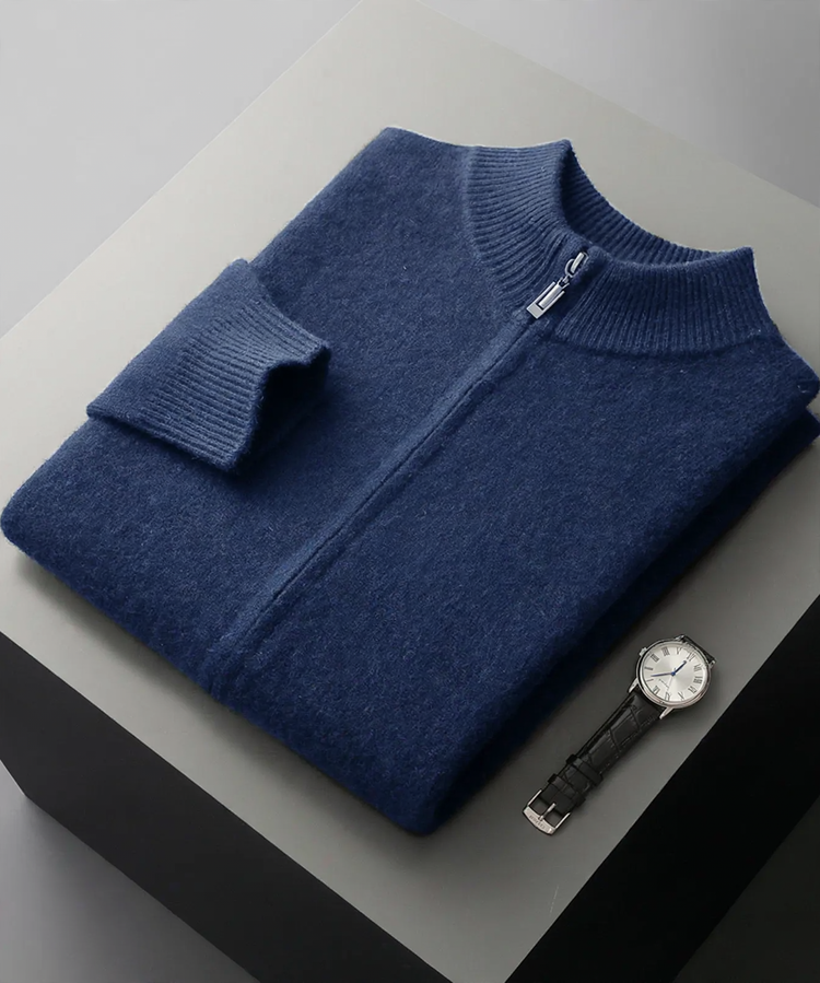Herren-Strickjacke aus reiner Wolle, Stehkragen, 500g