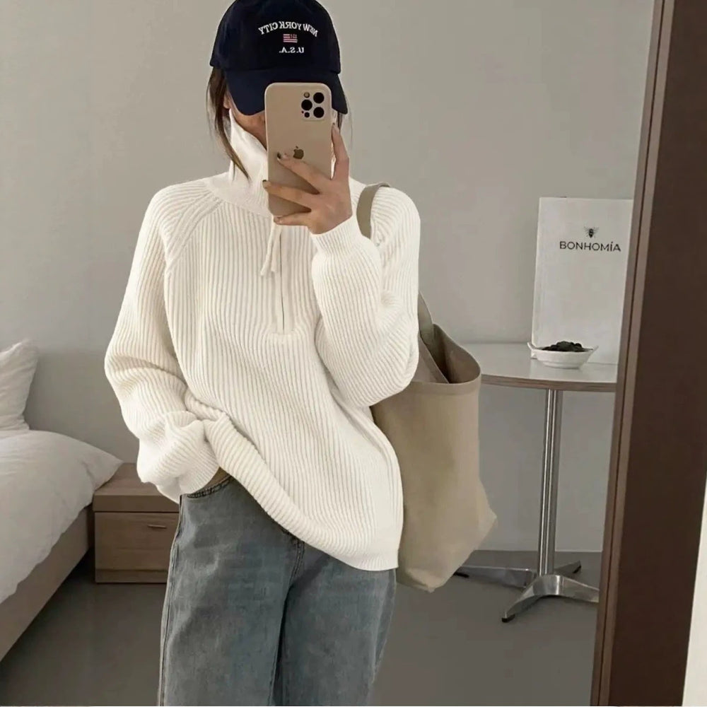 Damen-Strickpullover mit Reißverschluss, Rippstrick