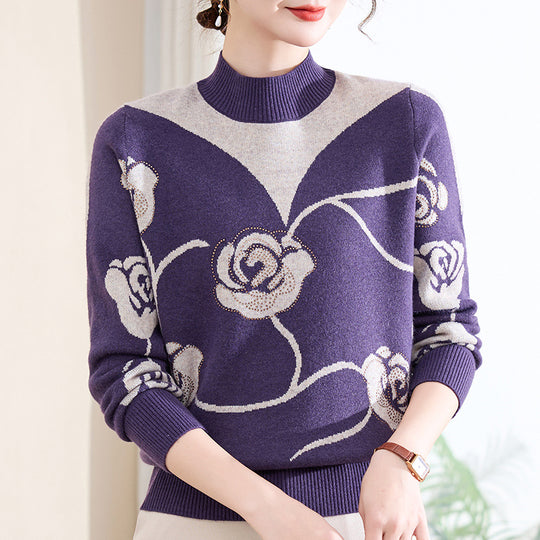Damen-Strickpullover mit Stehkragen und Blumenmuster
