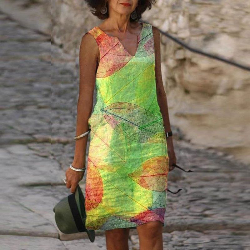 Damen Helles Blätter Kleid Ärmellos