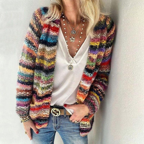 Mehrfarbige Warme Strickjacke Für Damen