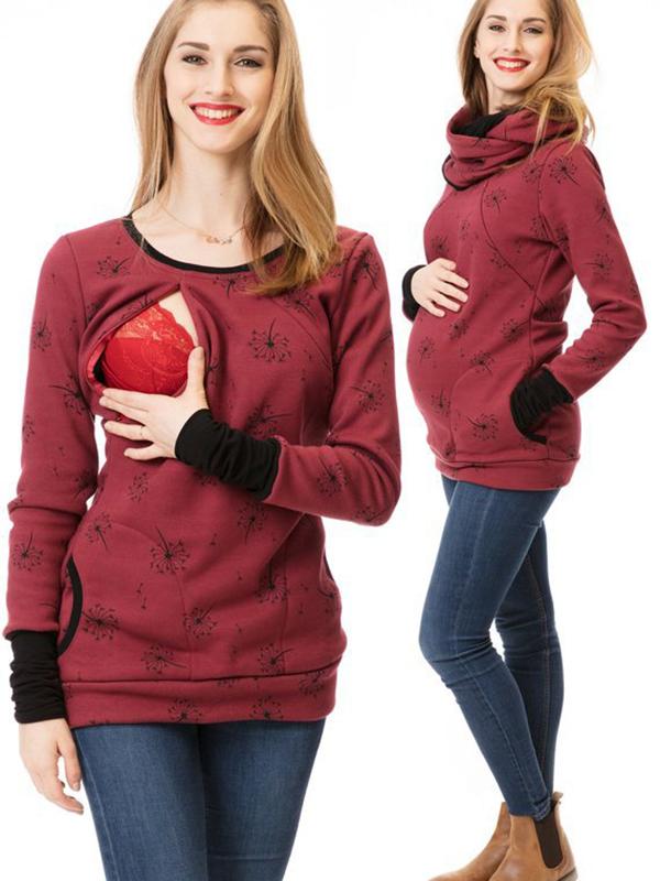 ShopNory Schwangerschafts-Chaps, Krankenschwester-Sweatshirts, Blumendruck, Taschen, Reißverschluss, Stillkleidung