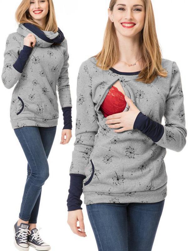 ShopNory Schwangerschafts-Chaps, Krankenschwester-Sweatshirts, Blumendruck, Taschen, Reißverschluss, Stillkleidung
