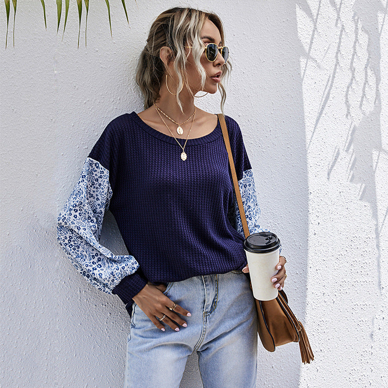 Damen Leichter Waffelstrick-Pullover mit floral gemusterten Balloonärmeln Shop Nory