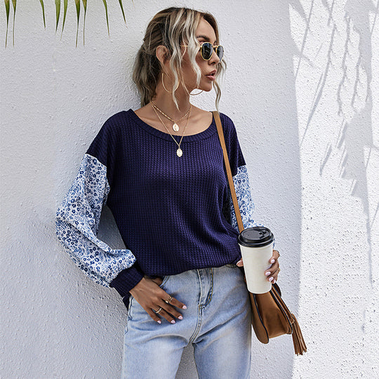 Damen Leichter Waffelstrick-Pullover mit floral gemusterten Balloonärmeln Shop Nory