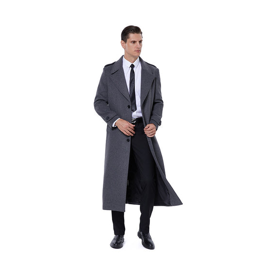 Herren Einreihiger maxilanger Wollmantel mit Bindegürtel und Schulterklappen Shop Nory
