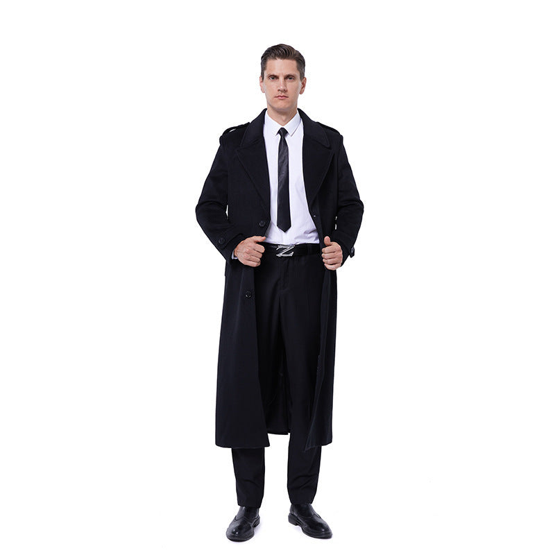 Herren Einreihiger maxilanger Wollmantel mit Bindegürtel und Schulterklappen Shop Nory