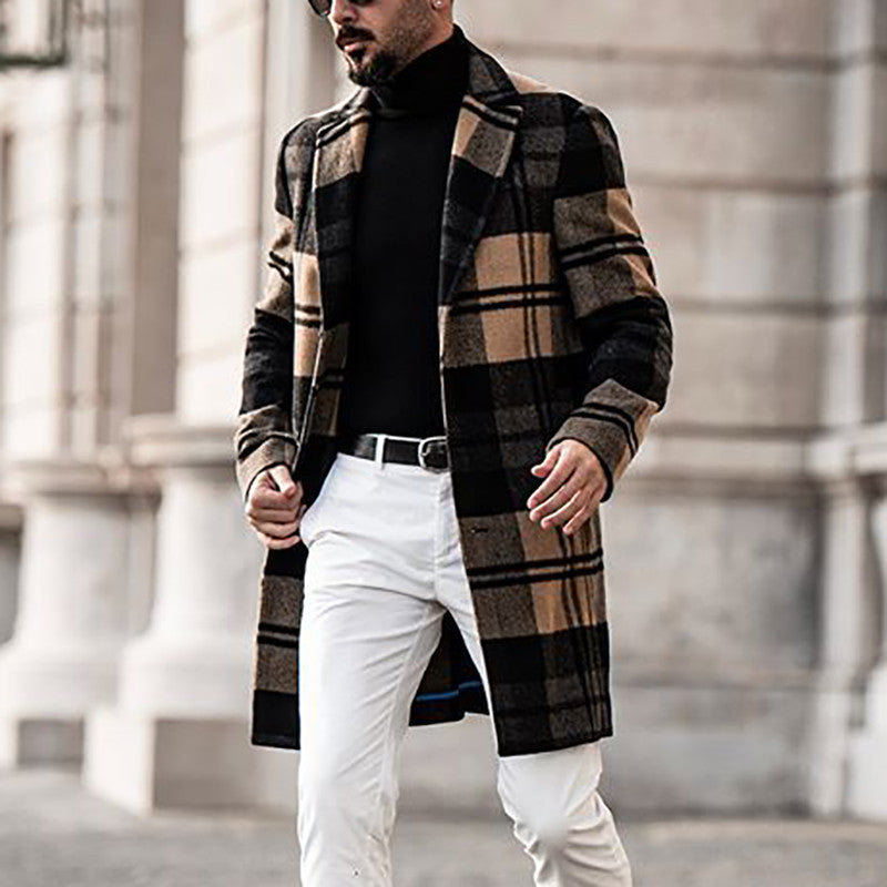 Herren Langer karierter Wollmix-Mantel mit Reverskragen und schlanker Silhouette Shop Nory