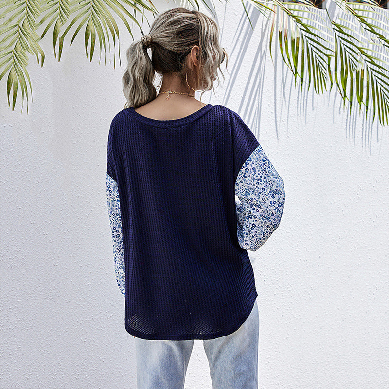 Damen Leichter Waffelstrick-Pullover mit floral gemusterten Balloonärmeln Shop Nory