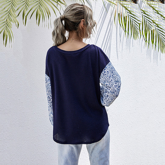 Damen Leichter Waffelstrick-Pullover mit floral gemusterten Balloonärmeln Shop Nory