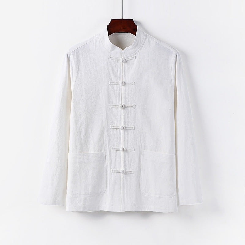 Herren traditionelle Tang-Jacke mit Stehkragen und Knotenknöpfen aus Leinenmischung Shop Nory