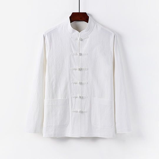 Herren traditionelle Tang-Jacke mit Stehkragen und Knotenknöpfen aus Leinenmischung Shop Nory