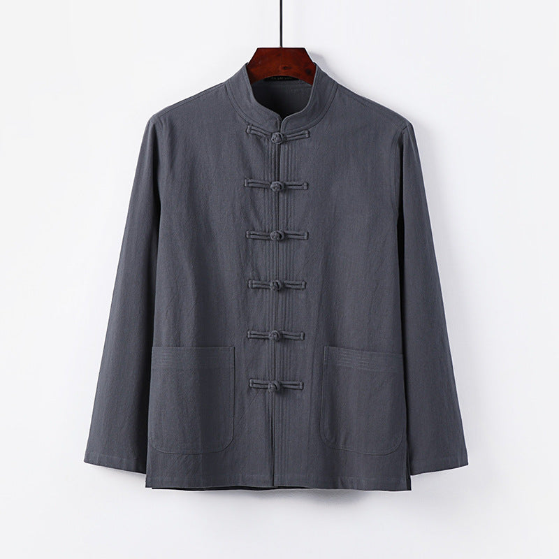 Herren traditionelle Tang-Jacke mit Stehkragen und Knotenknöpfen aus Leinenmischung Shop Nory