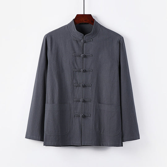 Herren traditionelle Tang-Jacke mit Stehkragen und Knotenknöpfen aus Leinenmischung Shop Nory