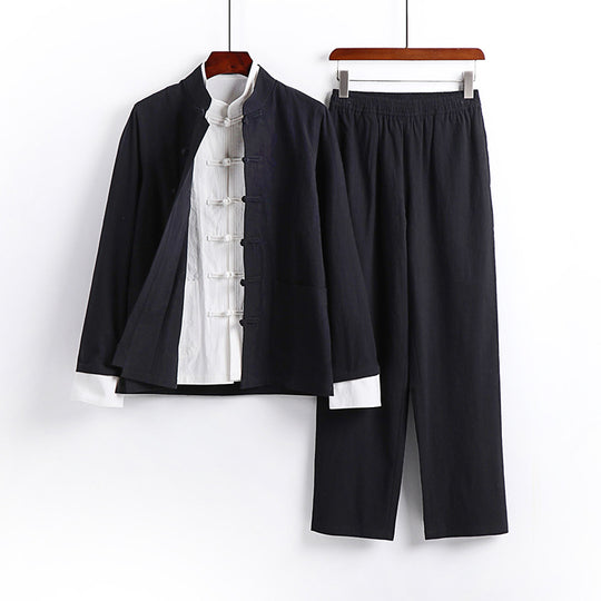 Herren Minimalistisches Mandarin-Zweiteiler aus Leinenmix mit dekorativer Knotenleiste Shop Nory