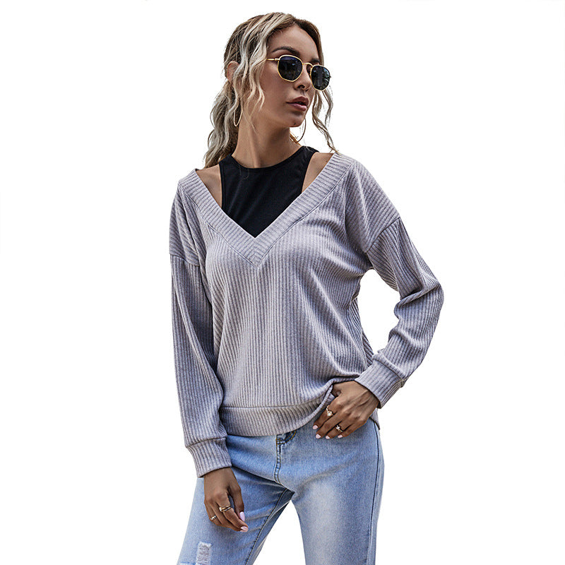 Damen Gerippter V‑Ausschnitt Strickpullover im Lagenlook mit Cut‑Out‑Schulter & überschnittener Passform Shop Nory