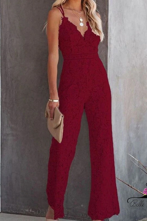Rosiedress Solide V-Ausschnitt Tailliertes Cami Spitzen-Overall