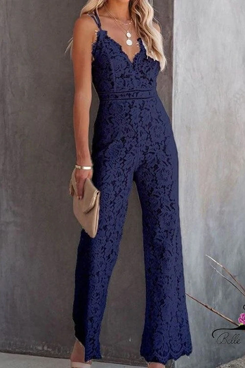 Rosiedress Solide V-Ausschnitt Tailliertes Cami Spitzen-Overall