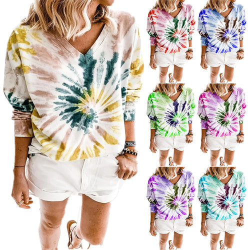 Damen Lässiges Batik-V‑Ausschnitt Sweatshirt mit lockerer Passform Shop Nory