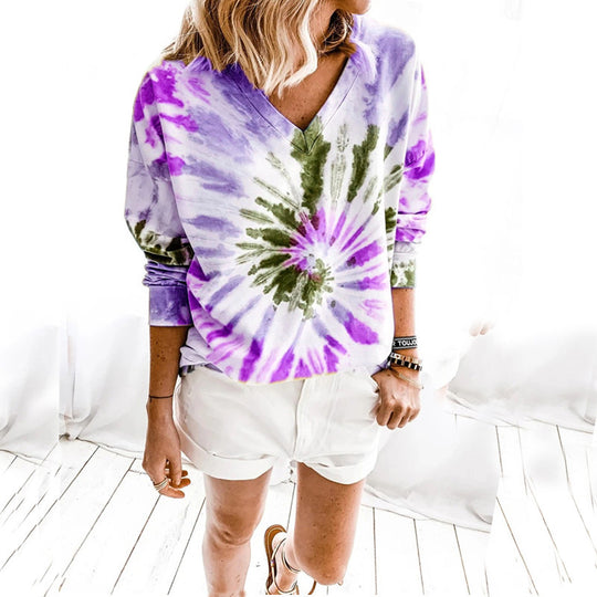 Damen Lässiges Batik-V‑Ausschnitt Sweatshirt mit lockerer Passform Shop Nory