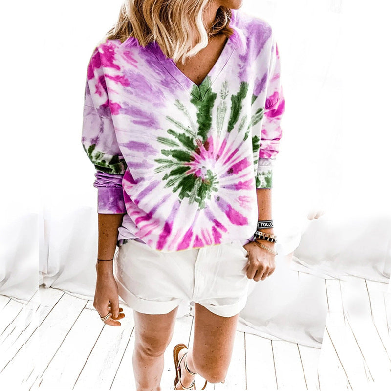 Damen Lässiges Batik-V‑Ausschnitt Sweatshirt mit lockerer Passform Shop Nory