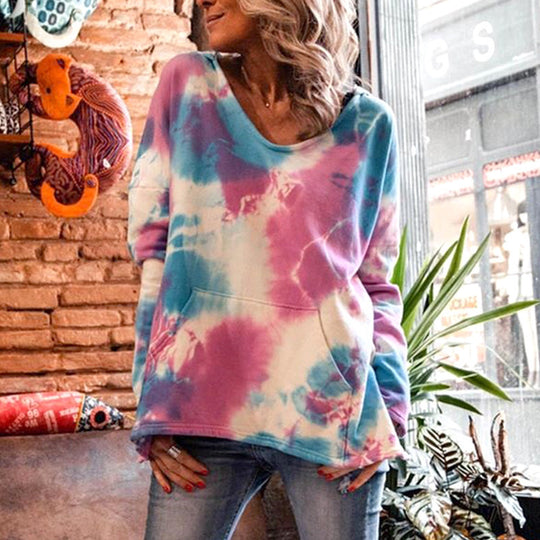 Damen Oversize Batik-Pullover mit V-Ausschnitt und Kängurutasche Shop Nory