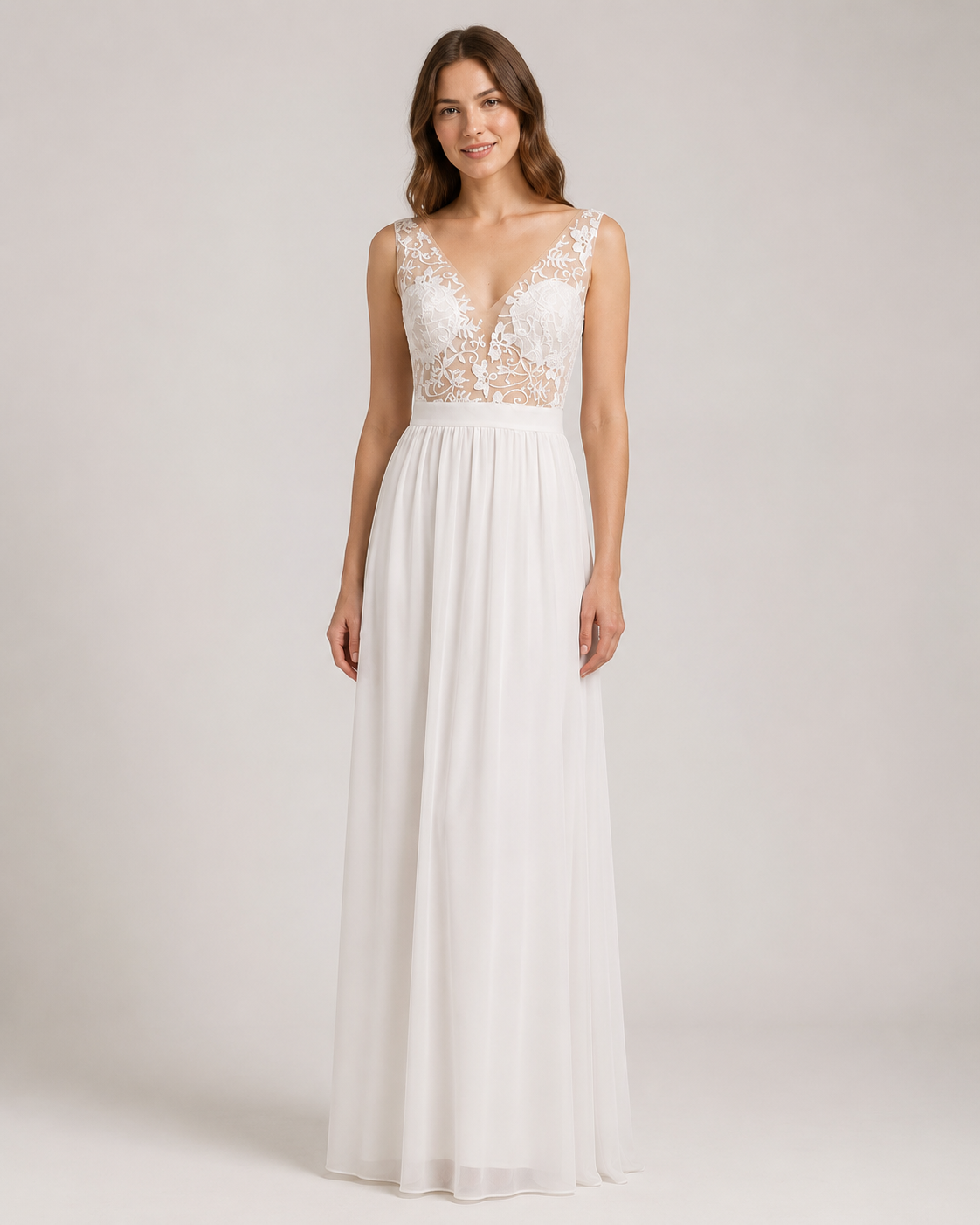 ShopNory Umstandsabend-Brautkleider, Spitzenkleider, seitlicher Schlitz, rückenfrei, V-Ausschnitt, Weiß
