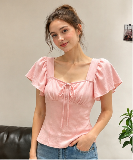 Damen Kurzarm Bluse mit Raffung und Kordelzug