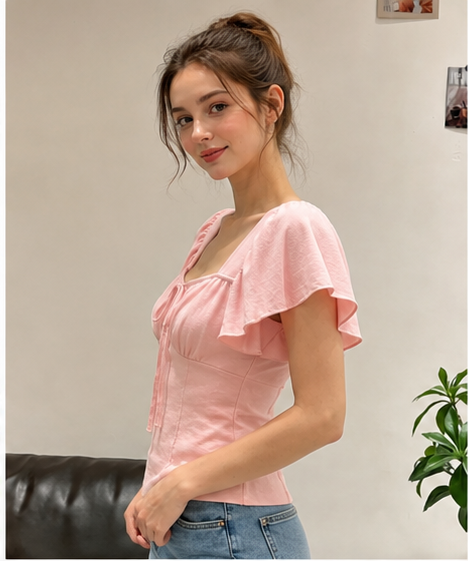 Damen Kurzarm Bluse mit Raffung und Kordelzug