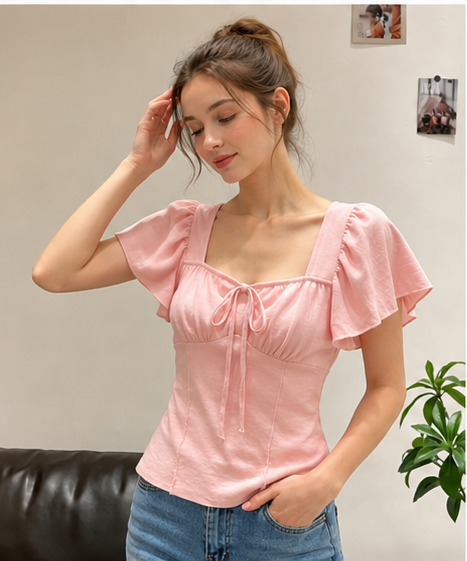 Damen Kurzarm Bluse mit Raffung und Kordelzug