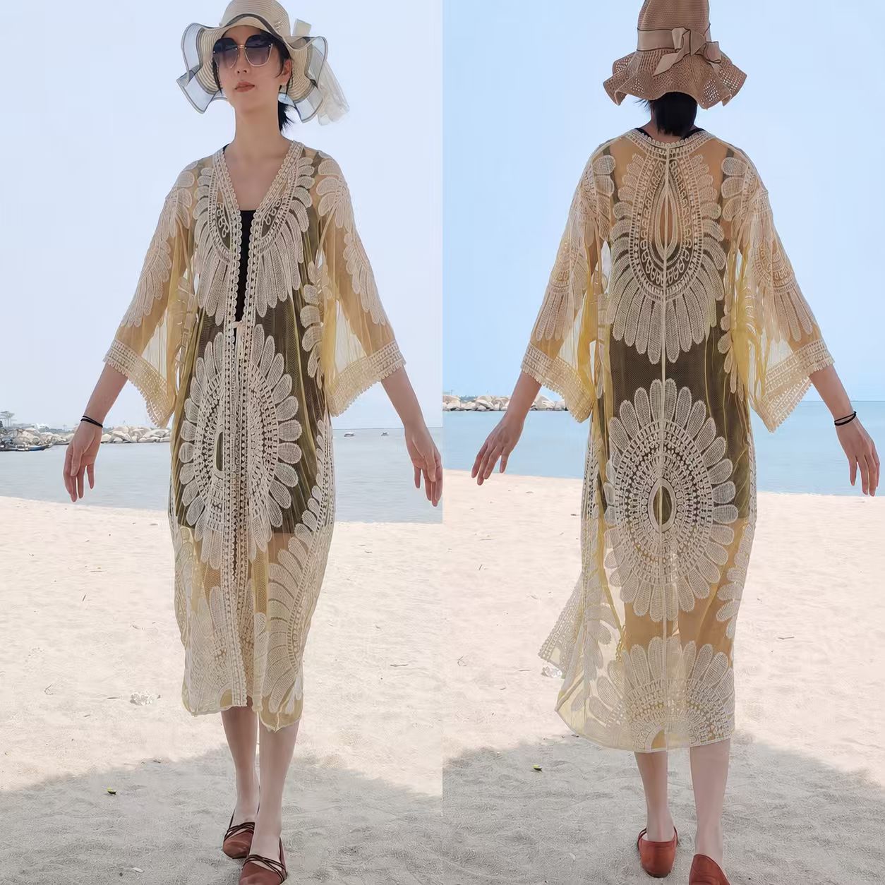 Gehäkelter Strand-Sonnenschutz-Cardigan mit hohler Spitze für Damen